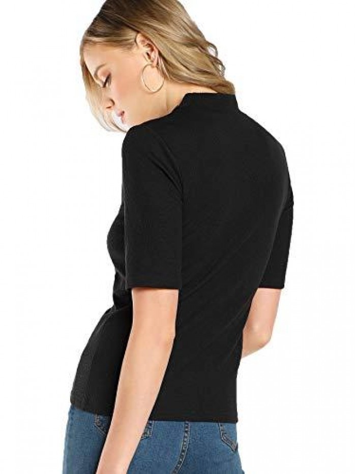 Women's Mock Neck Half Sleeve Slim Fit Ribbed Knit Tee T-Shirts 