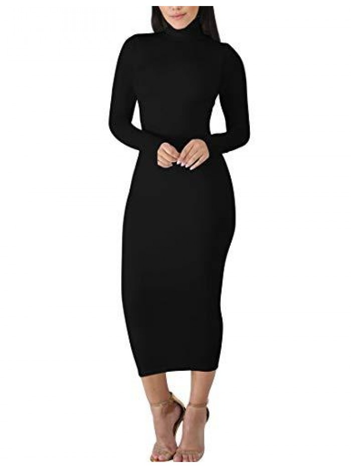 Women's Sexy Basic Long Sleeve Turtleneck Bodycon Party Long Pencil Dress 