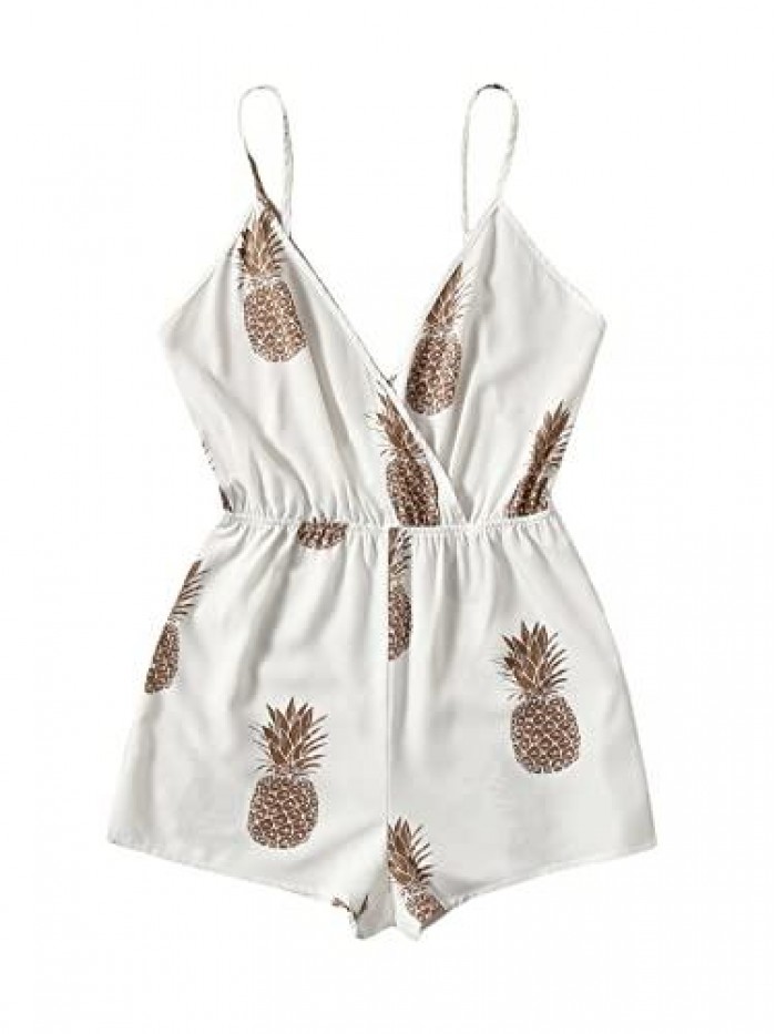 Women's V Neck Pineapple Print Wrap Backless Straps Cami Romper 