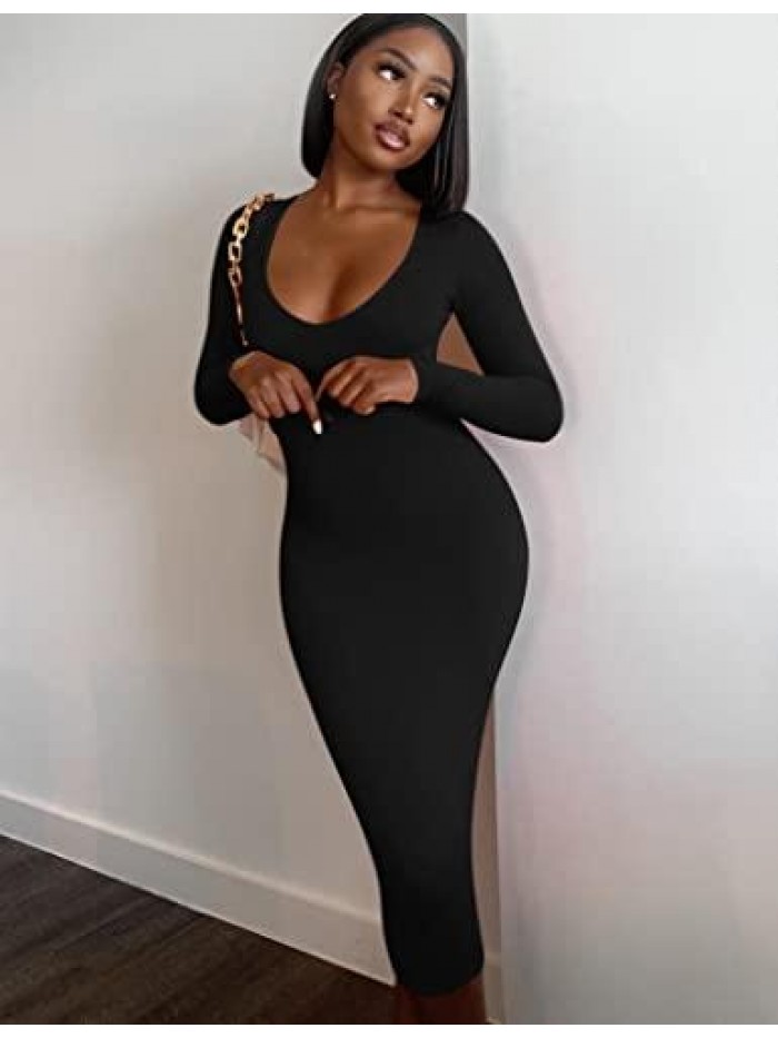 Women's Sexy Long Sleeve Bodycon V Neck Midi Club Party Pencil Dresses 