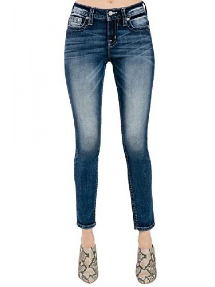 Me Women's Mid-Rise Skinny Jeans with Embellished Wing Designs on Faux Flap Pockets 