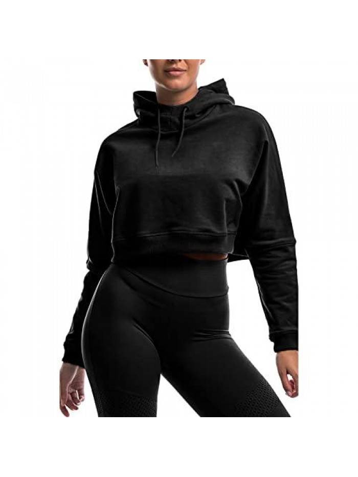 Crop Top Hoodie Workout Long Sleeve Casual Cute Pullover Cropped Sweatshirt Loose Solid Drawstring Top 