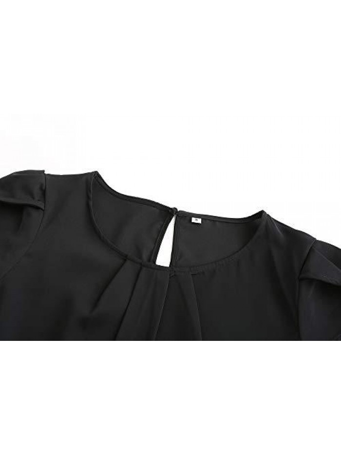 Women's Casual Round Neck Basic Pleated Top Cap Sleeve Curved Keyhole Back Chiffon Blouse 