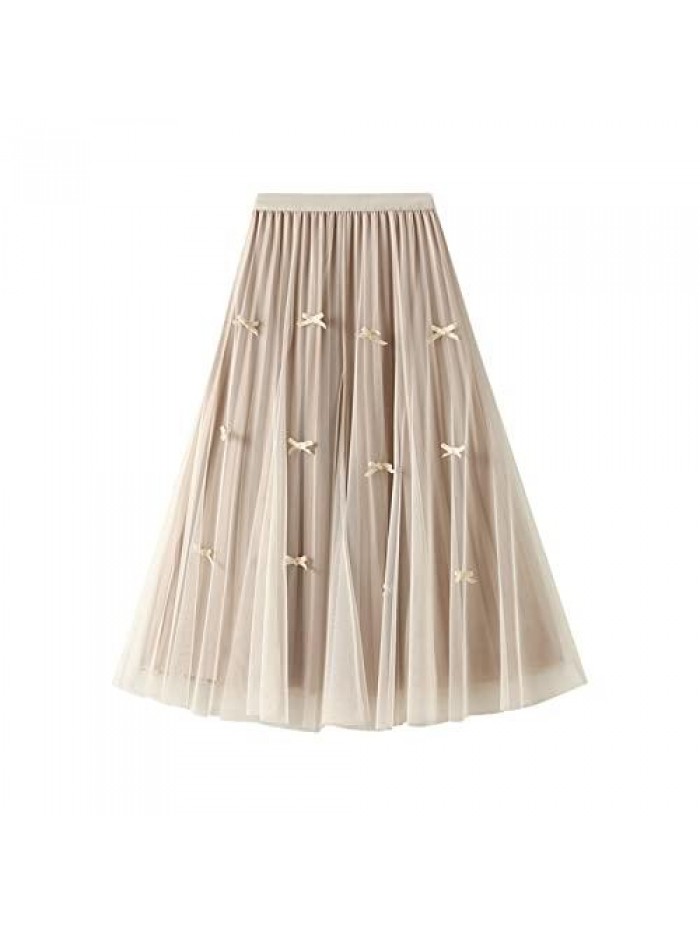 Tulle Tutu Skirt Elastic High Waist Layered Mesh Skirt Reversible Pleated A-Line Midi Skirt 