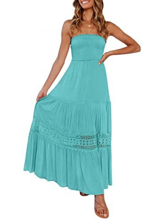 Womens Summer Bohemian Strapless Off Shoulder Lace Trim Backless Flowy A Line Beach Long Maxi Dress 