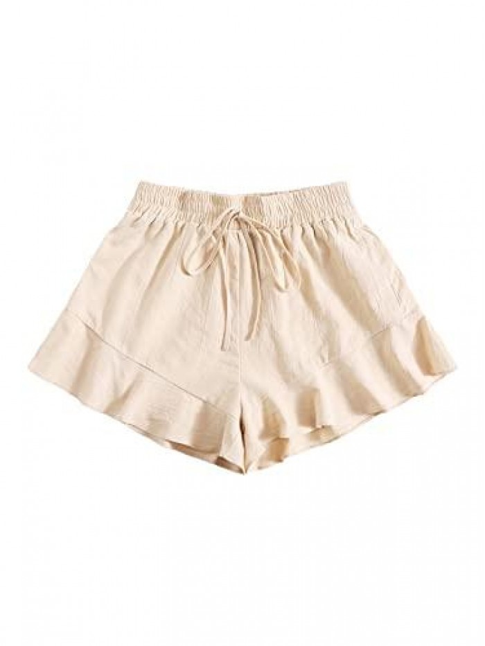 Women's Solid Drawstring High Waist Ruffle Hem Casual Wide Leg Shorts 