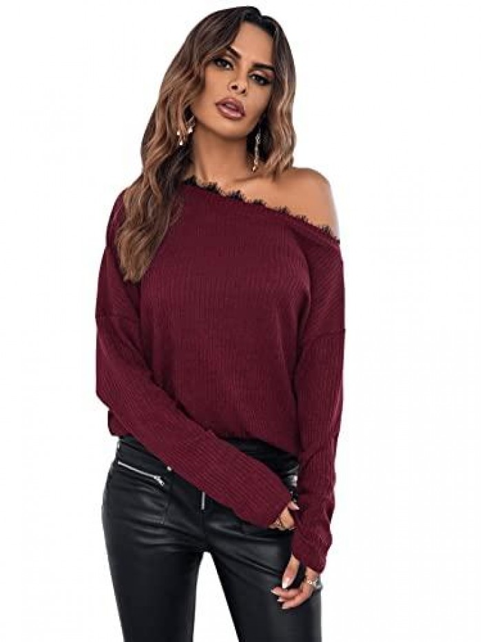 Women's Off Shoulder Knit Jumper Long Sleeve Pullover Loose T Shirt Sweater Tops 