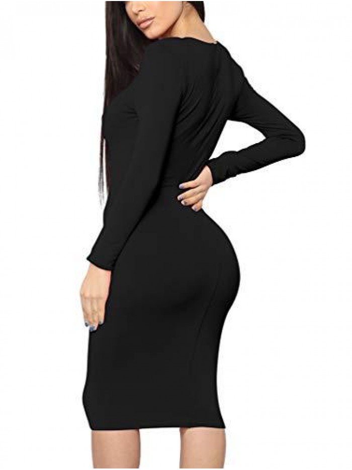 Women's Sexy Bodycon Long Sleeve Round Neck Work Office Maxi Pencil Dress 