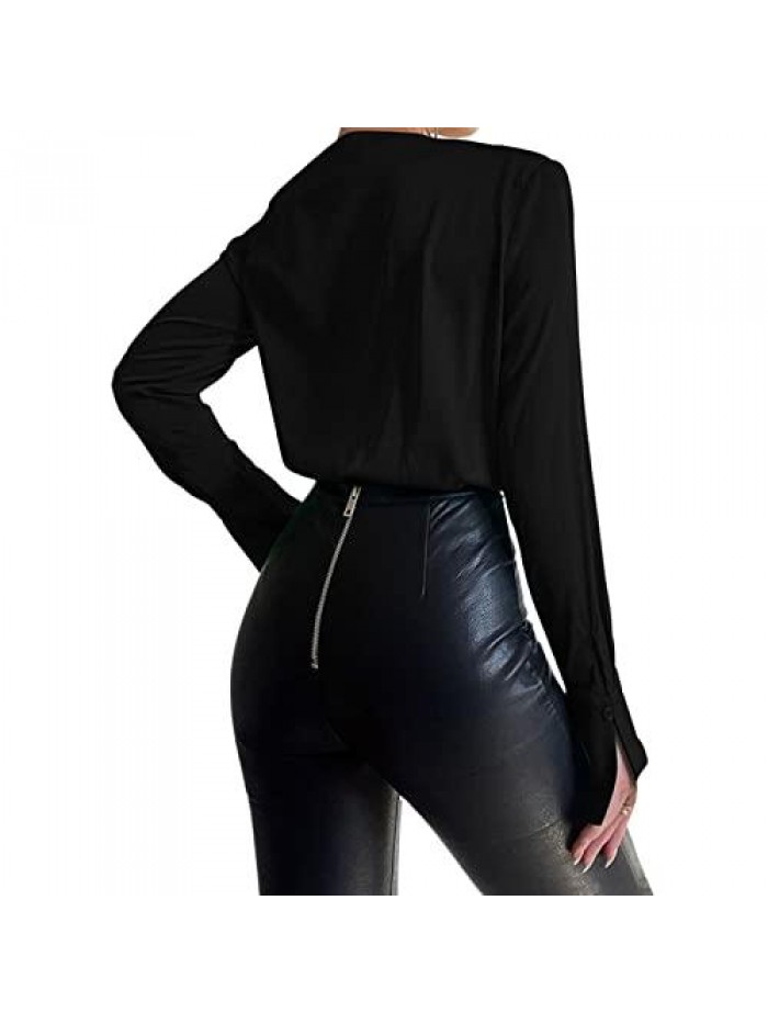 Satin Deep V Neck Long Sleeve Bodysuit Surplice Blouse Top Sexy Smooth Fashionable Formal Jumpsuits.  