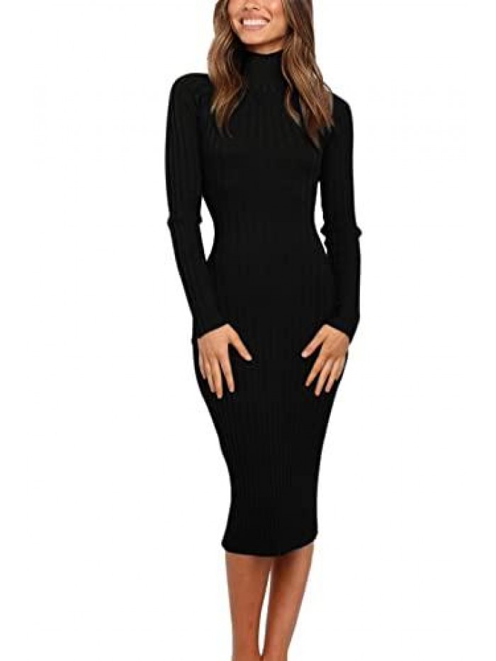 Women's Ribbed Long Sleeve Sweater Dress High Neck Slim Fit Knitted Midi Dress 