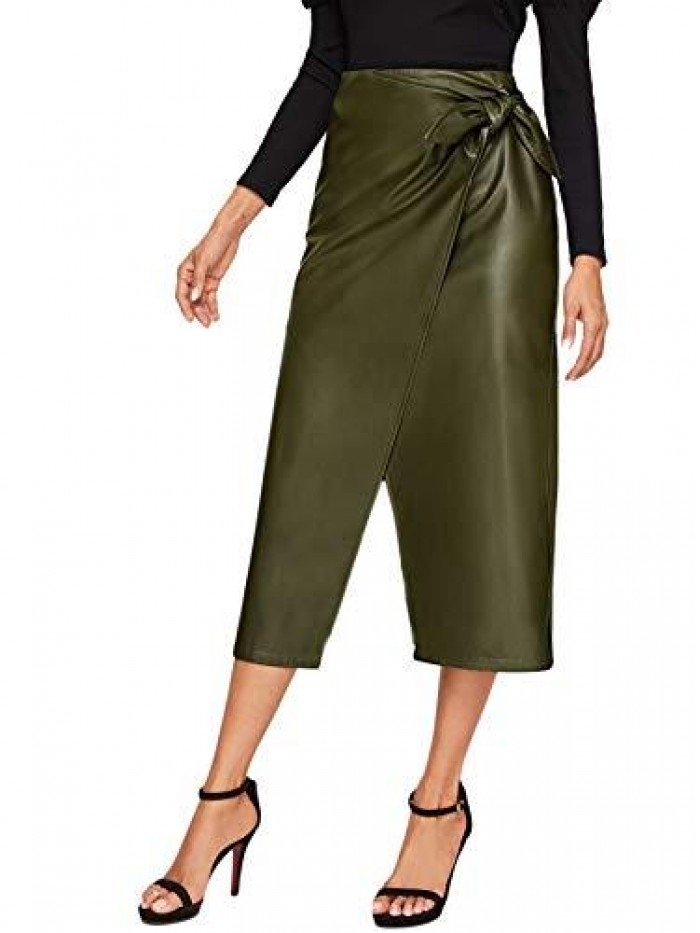 Women's Elegant High Waist Knot Side Wrap PU Leather Midi Skirt 