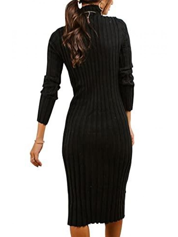 Women's Ribbed Long Sleeve Sweater Dress High Neck Slim Fit Knitted Midi Dress 