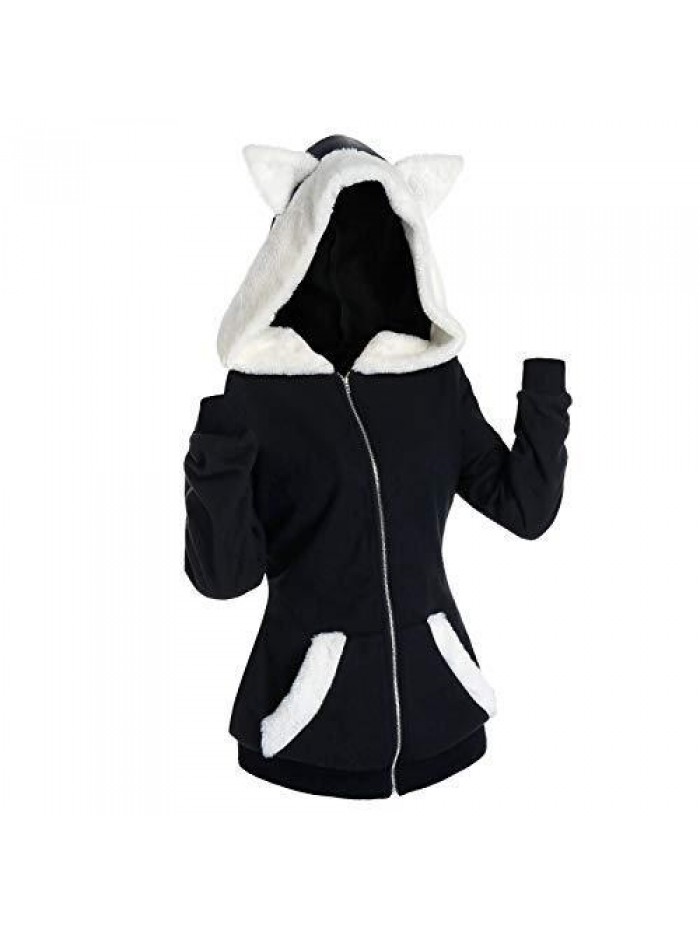 Gothic Hoodie Witchcraft Punk Cardigan Jacket Cute Cat Ear Hoodie Jacket Top Long Sweatshirt Zip up Pullover Sweater 