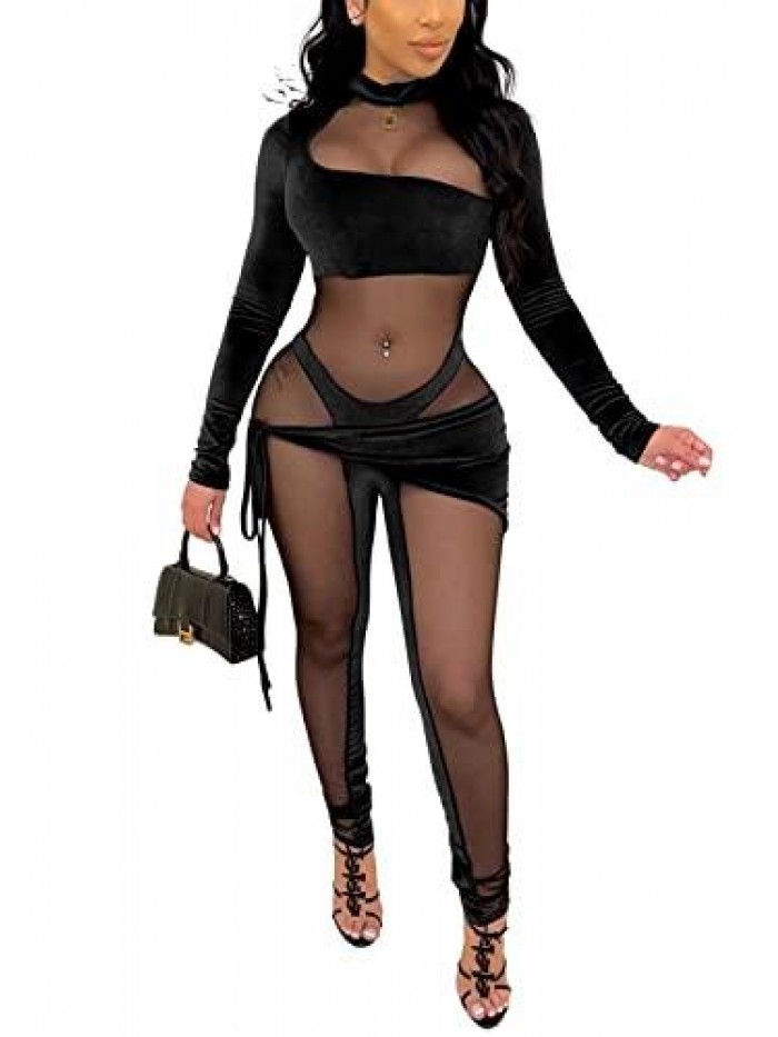 Velvet Jumpsuits for Women Sexy Long Sleeve Mesh See Through Bodycon Skinny Long Pants Jumpsuit Rompers 