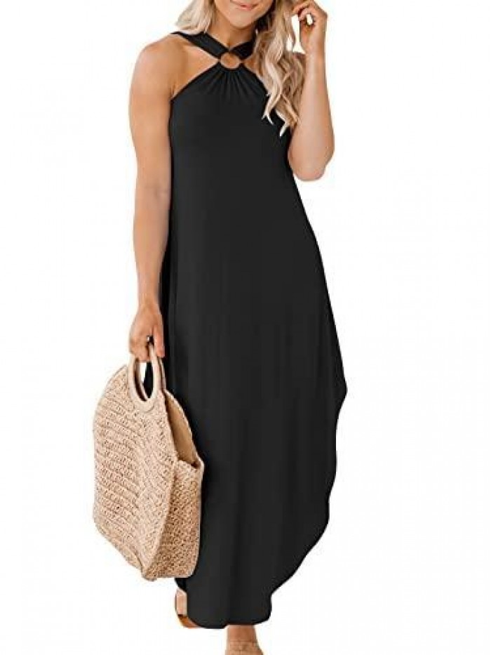 Women's Summer Casual Criss Cross Sundress Sleeveless Split Maxi Long Beach Dress with Pockets 