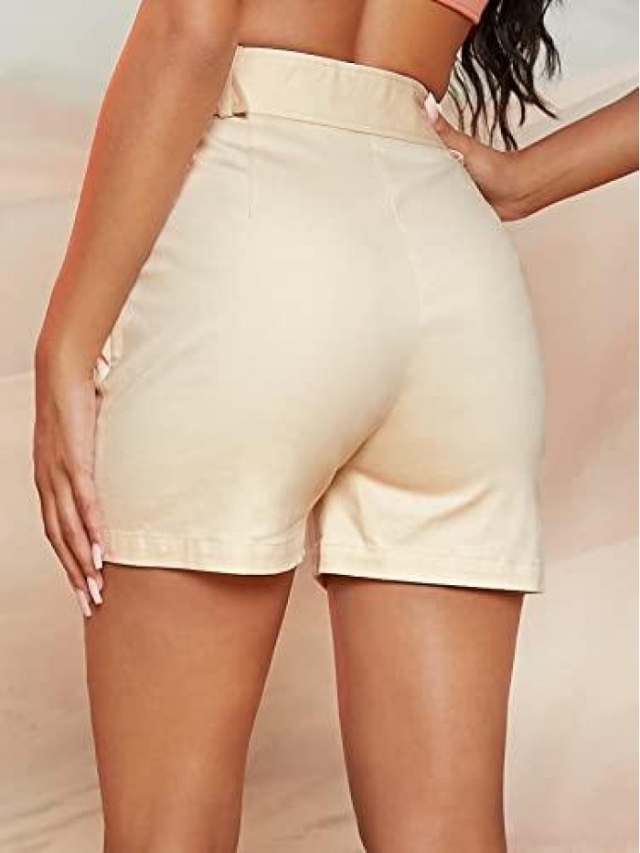 Women's Summer High Waist Belted Work Office Pleated Shorts with Pockets 