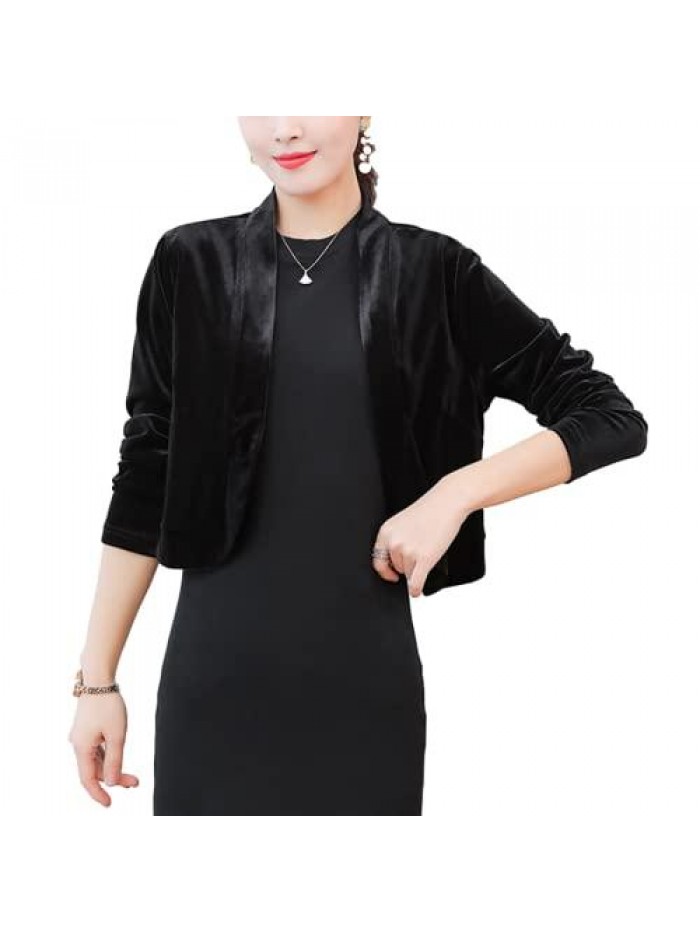 Women's Long Sleeve Velvet Shrug for Dress Open Front Cropped Bolero Cardigan 