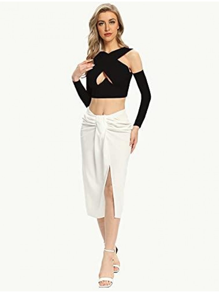 Women's Cut Out Crisscross Halter Vest Wrap Crop Top Sexy Blouse with Long Sleeve 