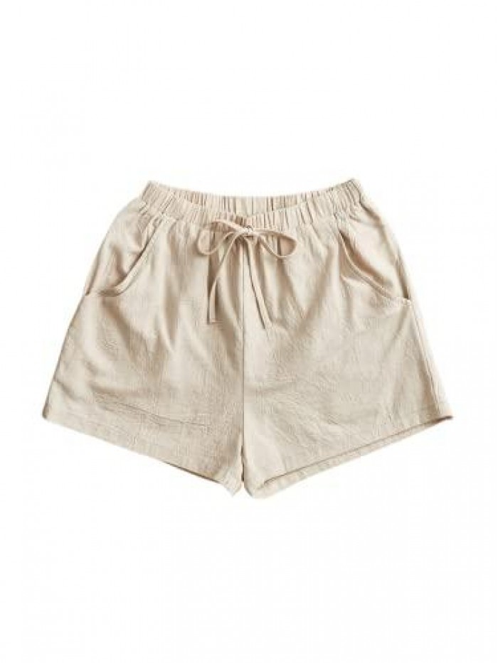 Women's Casual Knot Front Tie Self Elastic Waisted Cotton Solid Shorts 