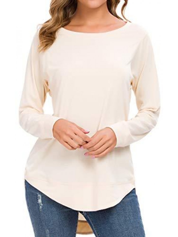 Womens Long Sleeve Casual T-Shirts Tunic Blouse Loose Curved Hem Tops 