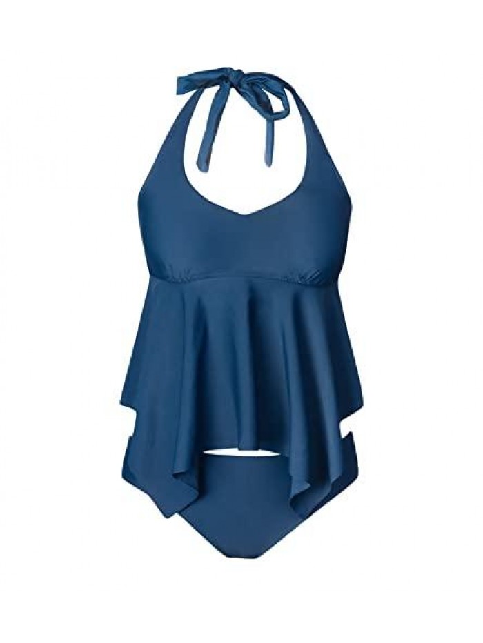 Women Halter Back Hood Tankini Set Ruffled Side Scoop Neck Bikini Swimsuit Low Rise Hipster Brief Bottom, XS Blue 