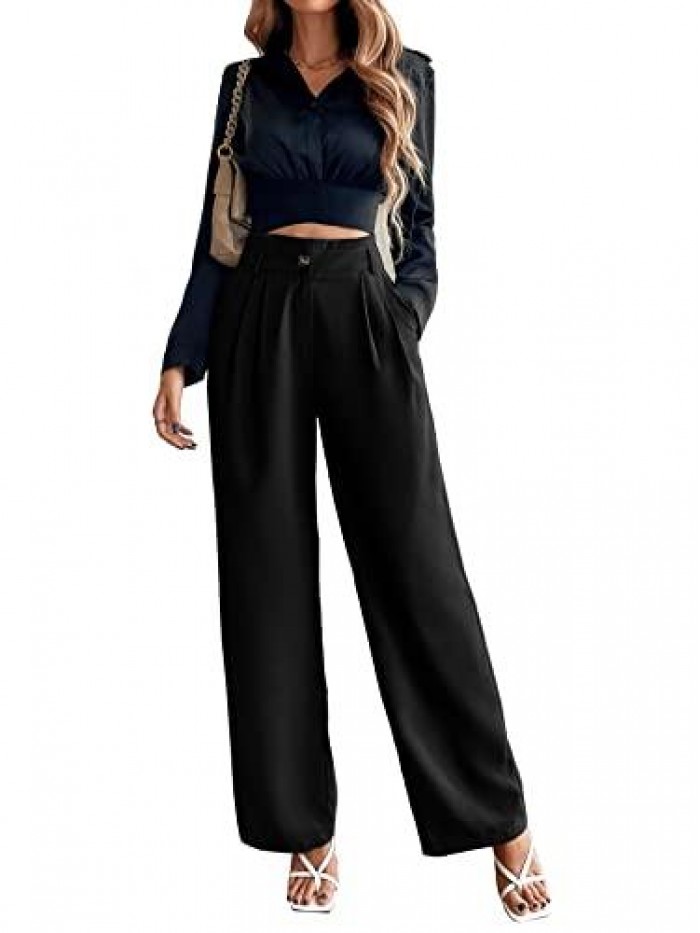 Women's High Waisted Pockets Work Office Palazzo Wide Leg Pants 