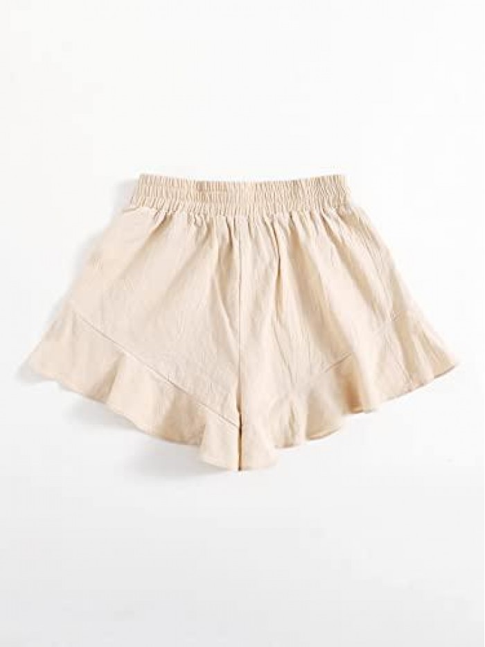 Women's Solid Drawstring High Waist Ruffle Hem Casual Wide Leg Shorts 