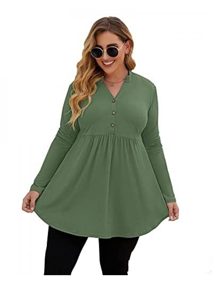 Women's Plus Size Henley Shirts V Neck Button Tunic Tops Long Sleeve Tunics 