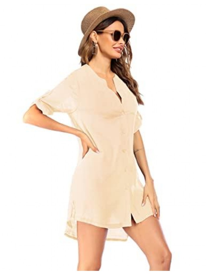 Women's Cover Up Shirt V-Neck Swimsuit Beach Bikini Beachwear Button Down Bathing Suit S-3XL 