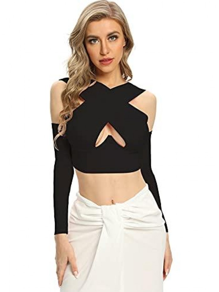 Women's Cut Out Crisscross Halter Vest Wrap Crop Top Sexy Blouse with Long Sleeve 