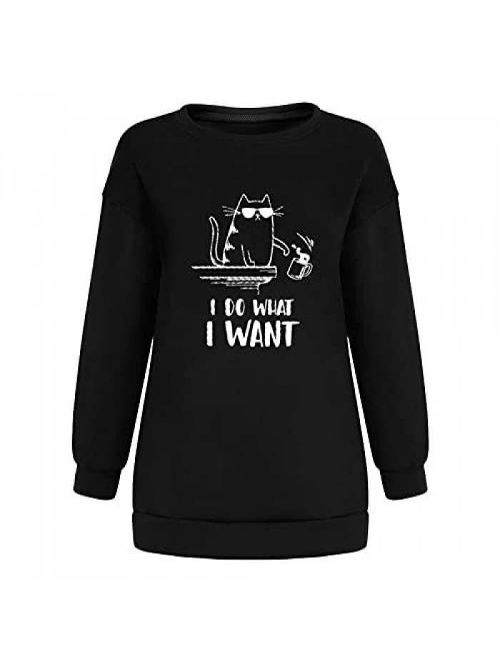 Women's Casual Crewneck Sweatshirts Long Sleeve Cat & I DO WHAT I WANT Letter Print Pullover Blouse Graphic Tops 