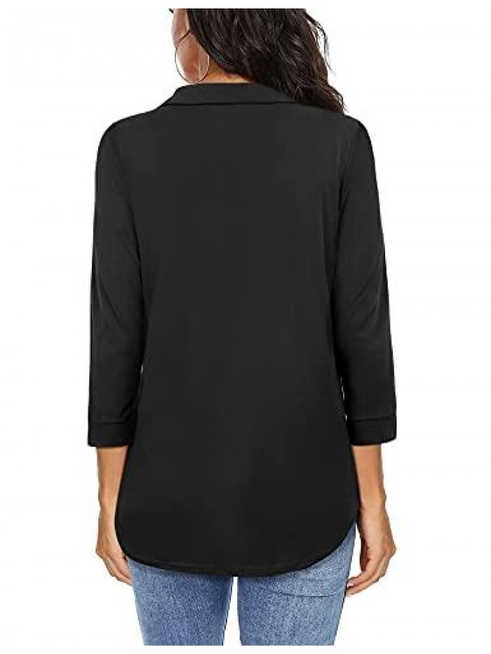 Women's V Neck Blouse 3/4 Sleeve Tunic Tops Ladies Work Shirts 