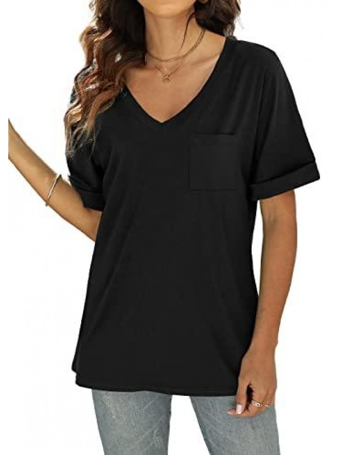 Womens V Neck Rolled Short Sleeve T Shirts Casual Summer Tops Tshirts with Pocket 