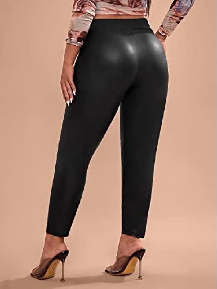 Women's Plus Size Casual Pu Leather Skinny Cropped Workout Pants 