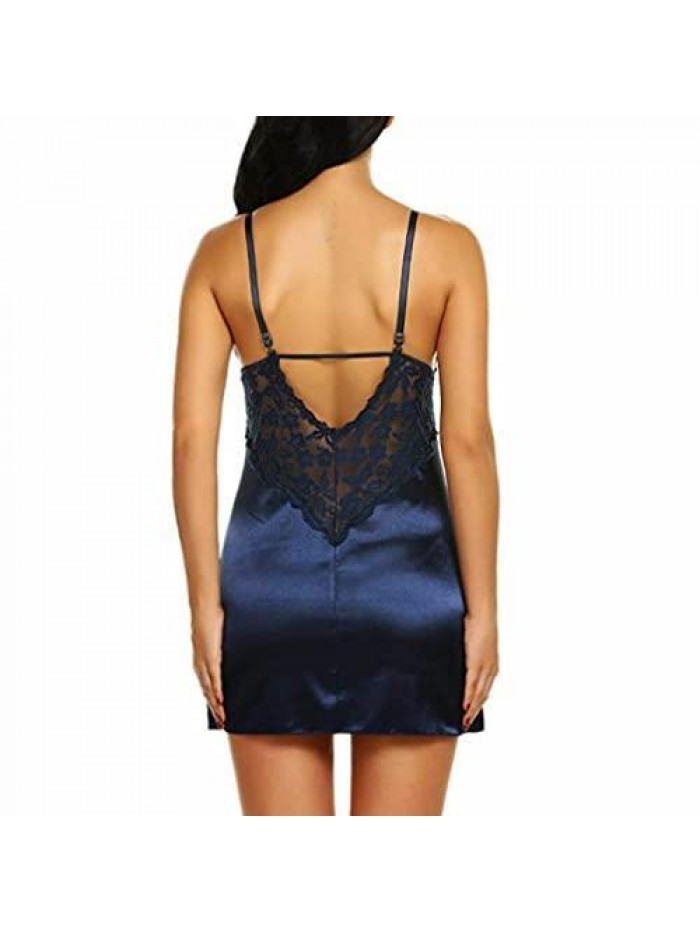 Day Women Sexy Satin Nightdress Dress Low-Cut Backless Hollow Out Lace Spaghetti Strap A-line Mini Dress 