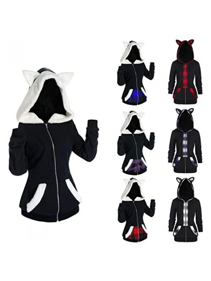 Gothic Hoodie Witchcraft Punk Cardigan Jacket Cute Cat Ear Hoodie Jacket Top Long Sweatshirt Zip up Pullover Sweater 