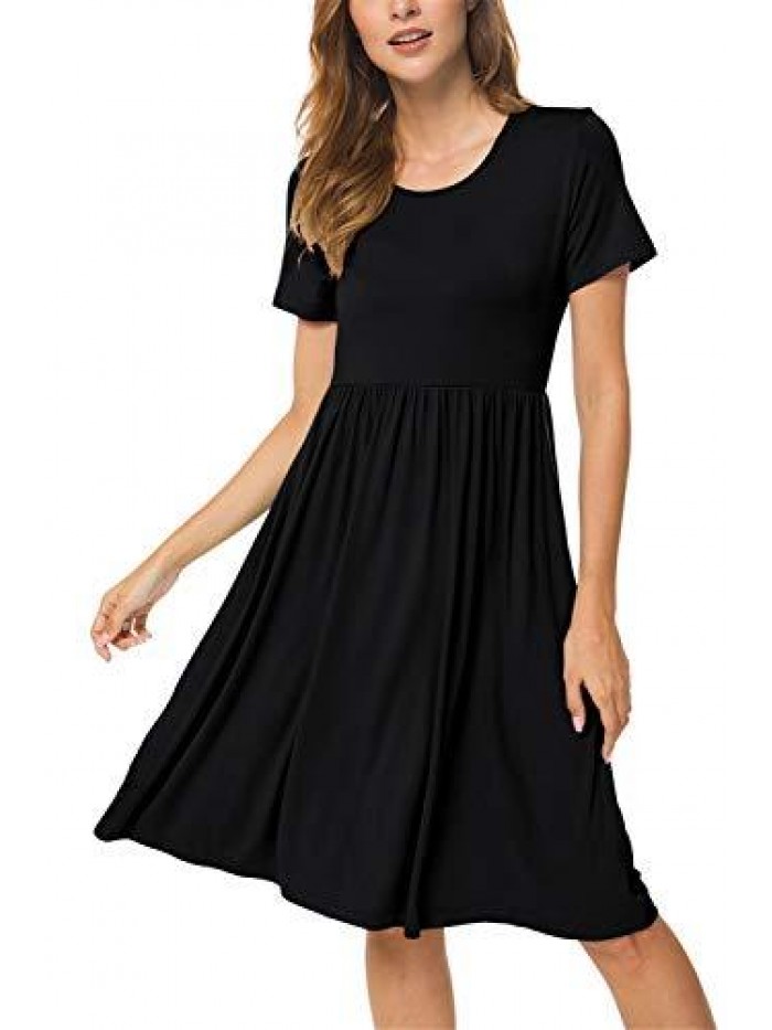 MOON Women Summer Casual Short Sleeve Dresses Empire Waist Dress with Pockets 