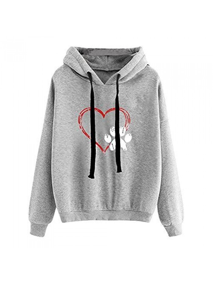 Sweatshirts for Women Heart Dog Paw Print Hoodies Long Sleeve Drawstring Pullover Sprint Athletic Tops 