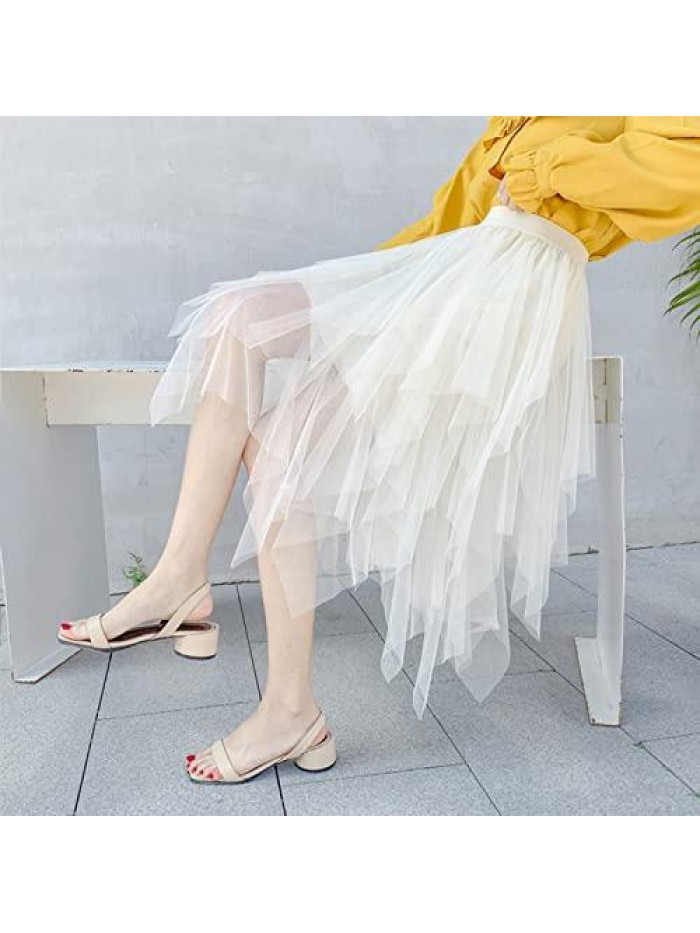 Tulle Skirt Sheer Mesh Layered High Waist Tutu Skirt Irrgular Ruffles Hem A-Line Midi Skirt Party Prom Dress 