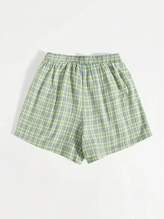 Women's Casual Plaid Split Hem Elastic High Waist Wide Leg Summer Shorts 