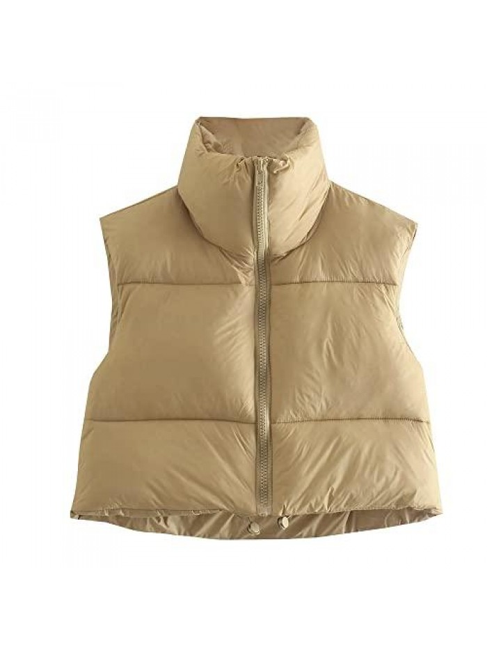 Women's Winter Crop Vest Puffer Lightweight Stand Collar Padded Vest Zip Up Sleeveless Jacket 