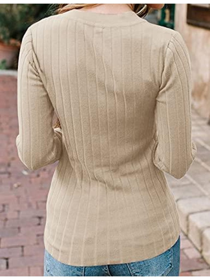 Women's Long Sleeve V Neck Ribbed Button Knit Sweater Solid Color Tops 