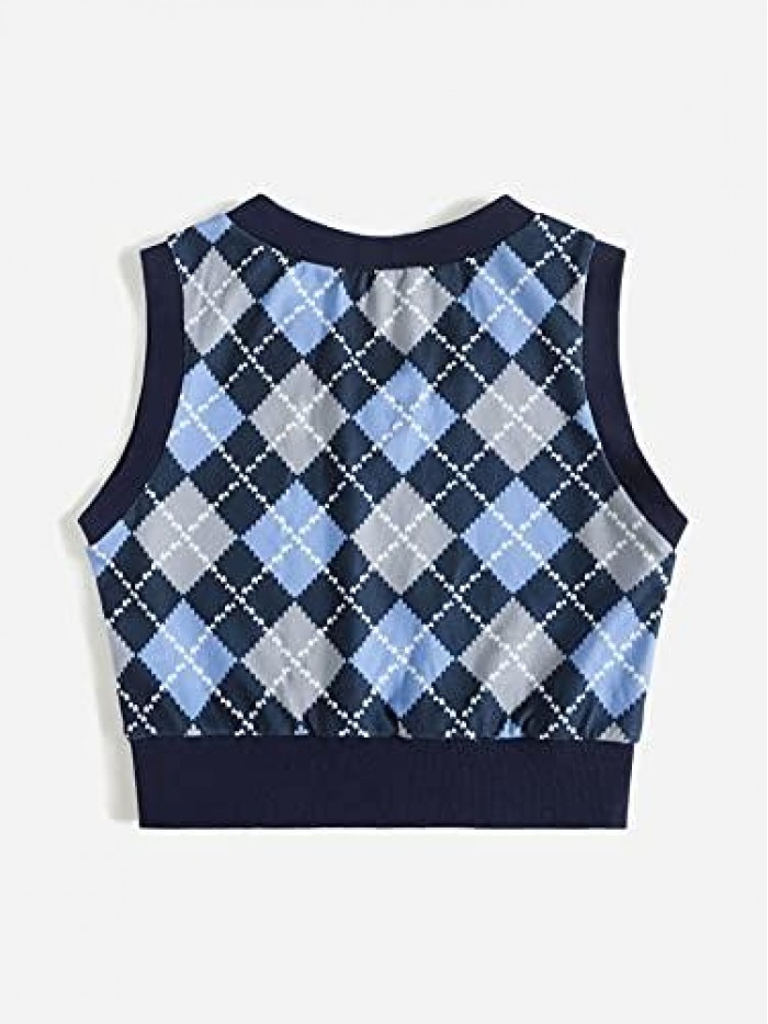 Women's V Neck Knit Sweater Vest Preppy Style Argyle Plaid Sweater Tank 