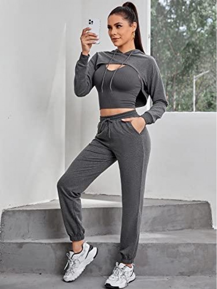 3 Piece Outfits for Women 2 Piece Workout Outfit Long Sleeve Crop Hoodies with Tank Top Loungewear Jogger Set Pockets 