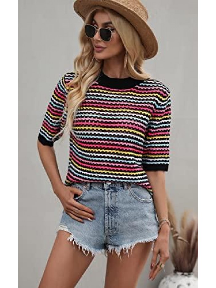 Women's Striped Knitted Shirt Casual Half Sleeve Soft Lightweight Crewneck Sexy Tops Hollow Out Sweater for Women 