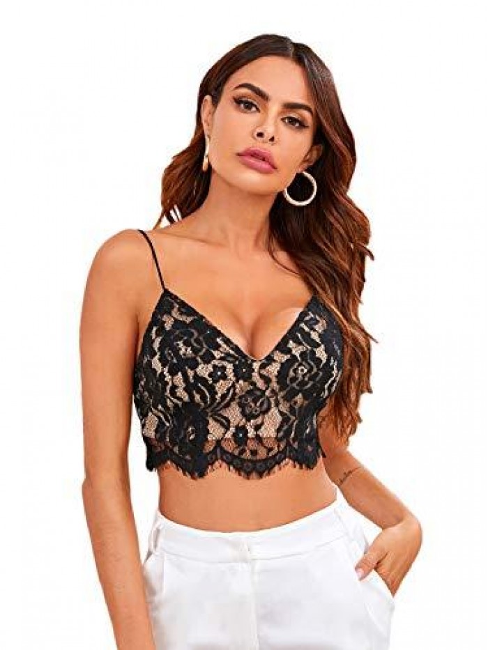 Women's Lace Camisole Strappy Plain V Neck Vest Sexy Bralette Cami Crop Top 