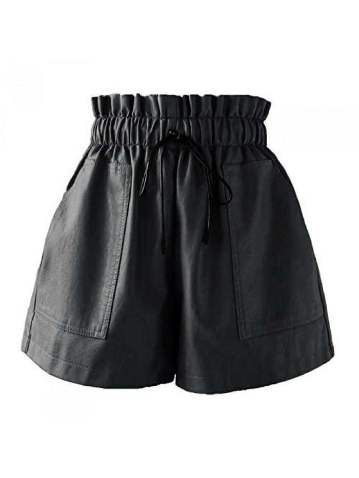 Women Faux Leather Short High Waist Leather Shorts Drawstring Elastic Waist Leather Short 