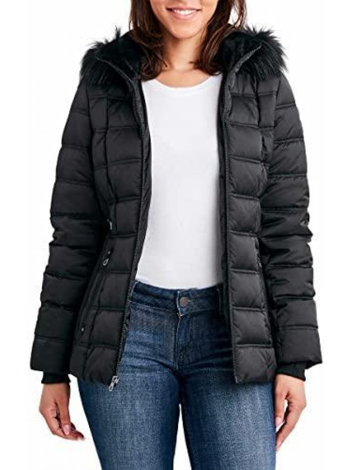 Womens Faux Fur Trim Hooded Midweight Puffer Jacket 