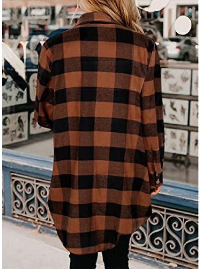 Plaid Flannel Shirts for Women Long Sleeve Button Down Shacket Jacket Coats With Pockets 