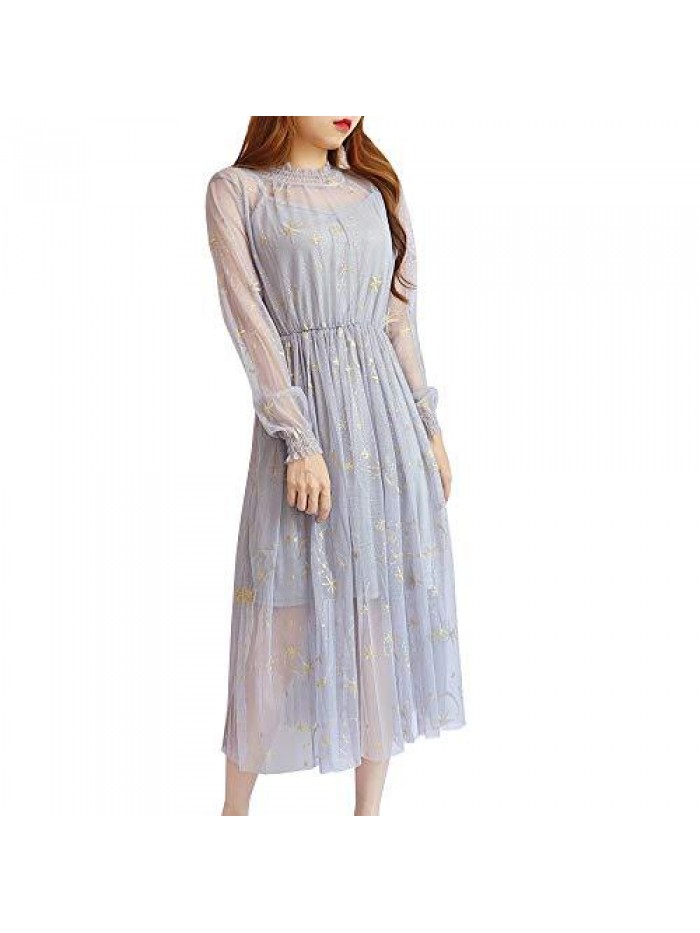 Women Summer Chiffon Dress Stars Moon Print Embroidered Skirt Long Puff Sleeve Princess Dress 